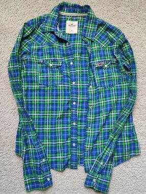 Hollister Blue and Green Plaid Blouse